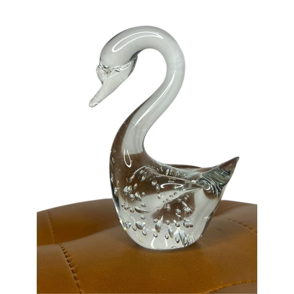 Glass Swan Paperweight Hand Blown Clear Art‎ Bubbles 4.25”